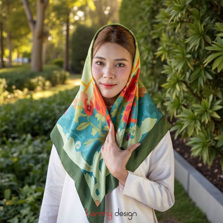 Silk scarf - Buddha hand fruit - green border - 90x90 cm